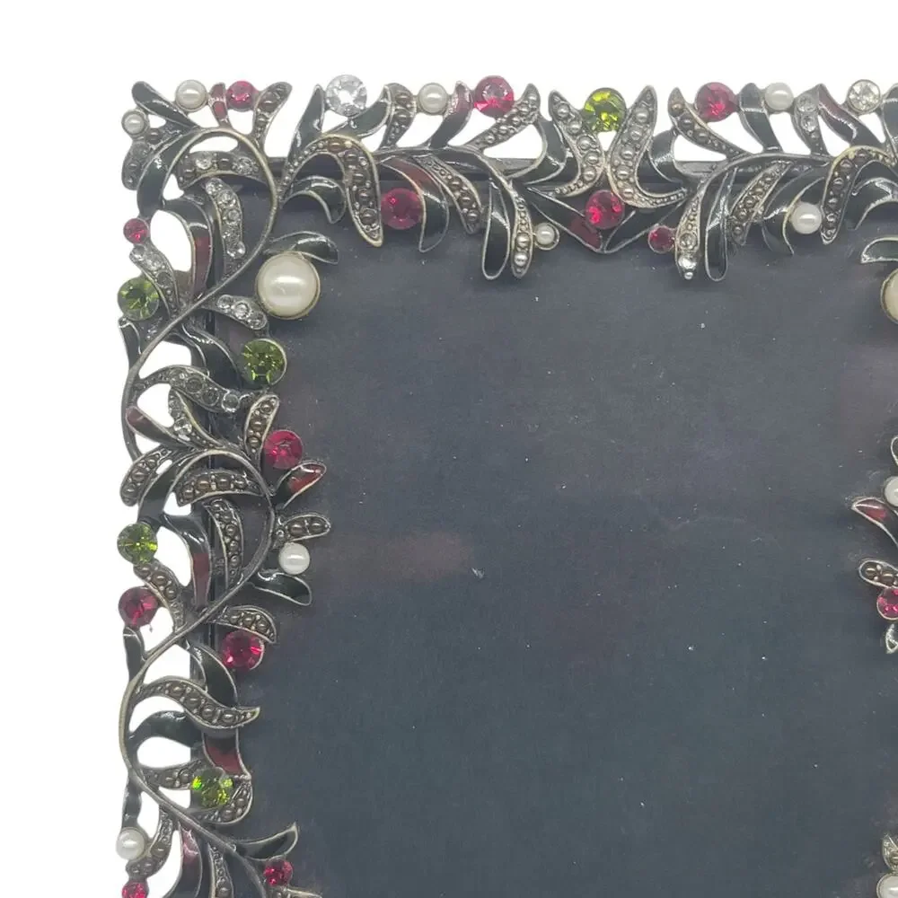 Vtg Jeweled Metal Picture Photo Frame and Glass Ornate Flowers Rhinestones M4